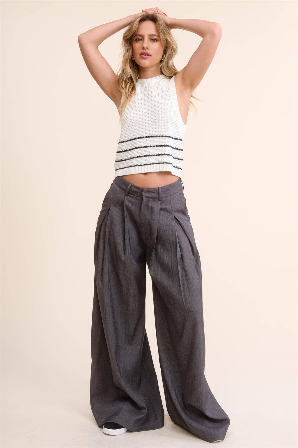 Trendy Low Waist  Wide Leg Pleated Trouser Pants