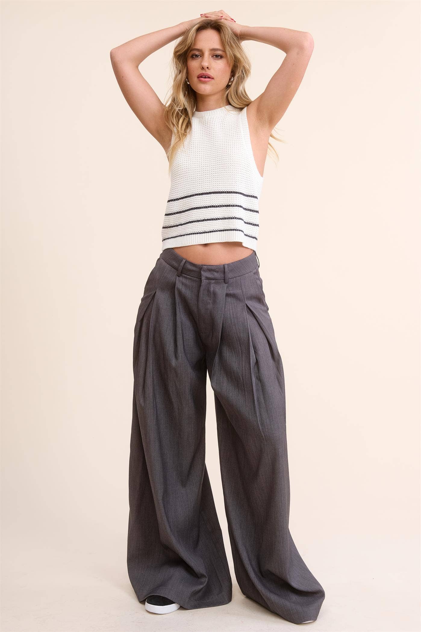 Trendy Low Waist  Wide Leg Pleated Trouser Pants