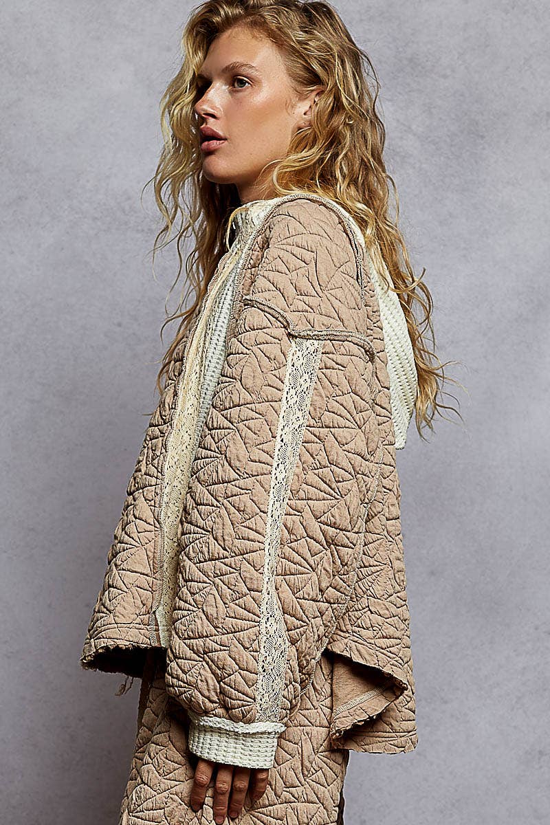Long sleeve solid stitch edge quilted woven hoodie top