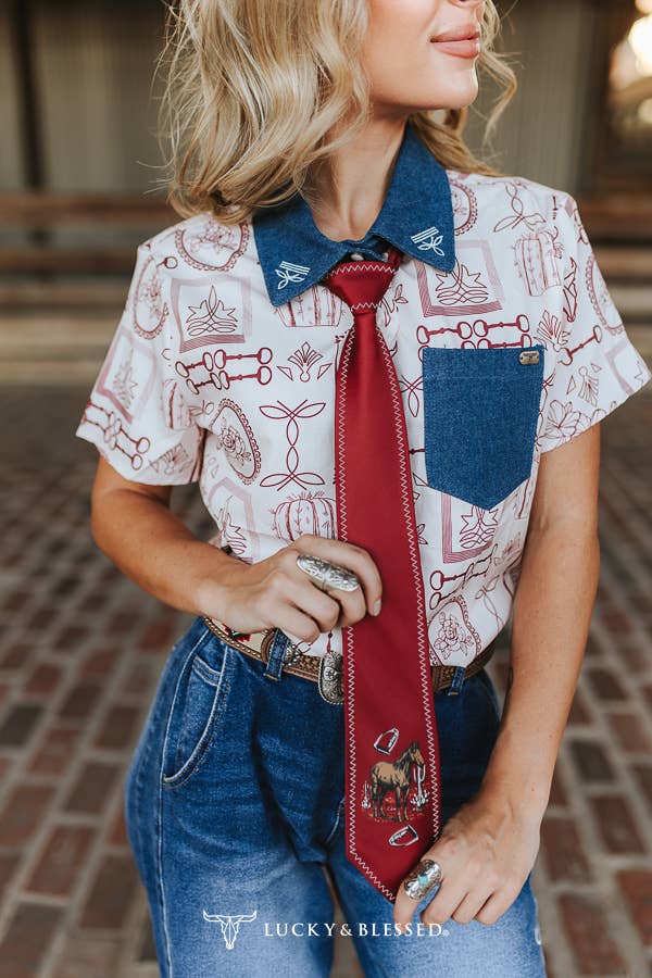 Burgundy Horse Buckstitch Western Tie
