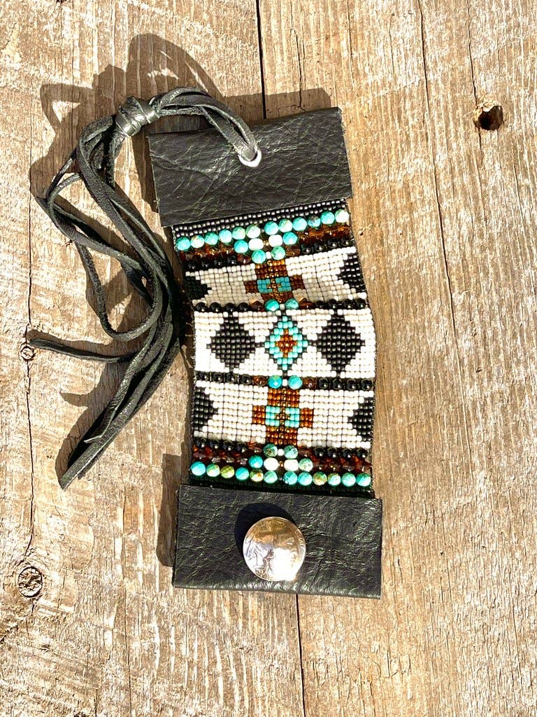Western Leather Loom Gemstone Cuff Bracelet