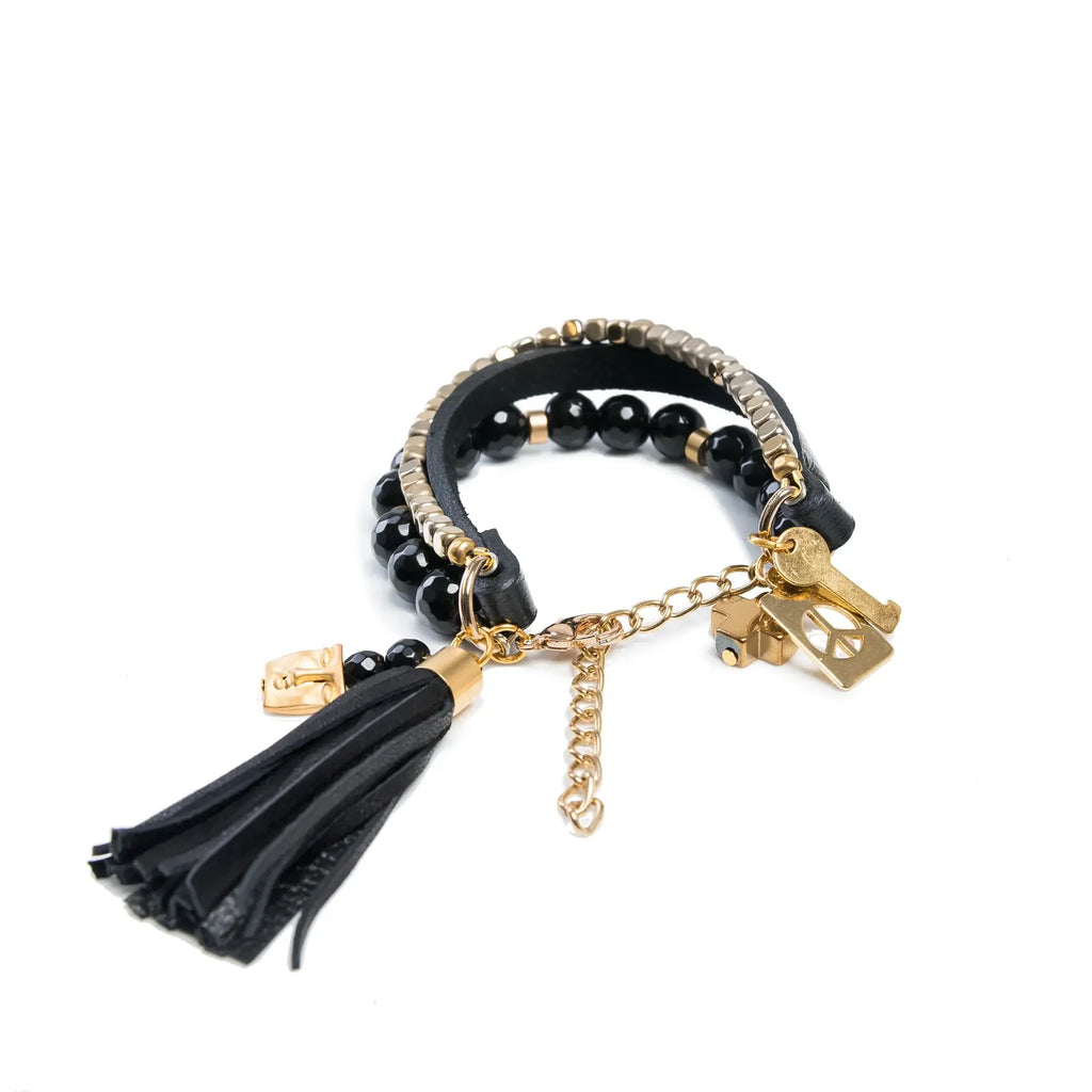 Glam Noir Leather & Gold Beaded Bracelet