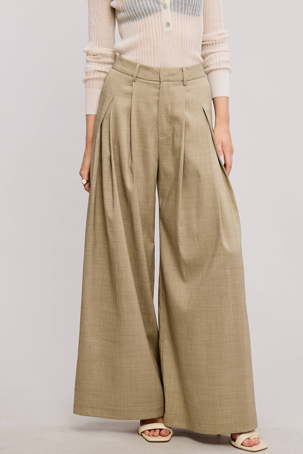 Trendy Low Waist  Wide Leg Pleated Trouser Pants