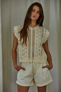 Woven Cotton Lace Button-down Sleeveless Top