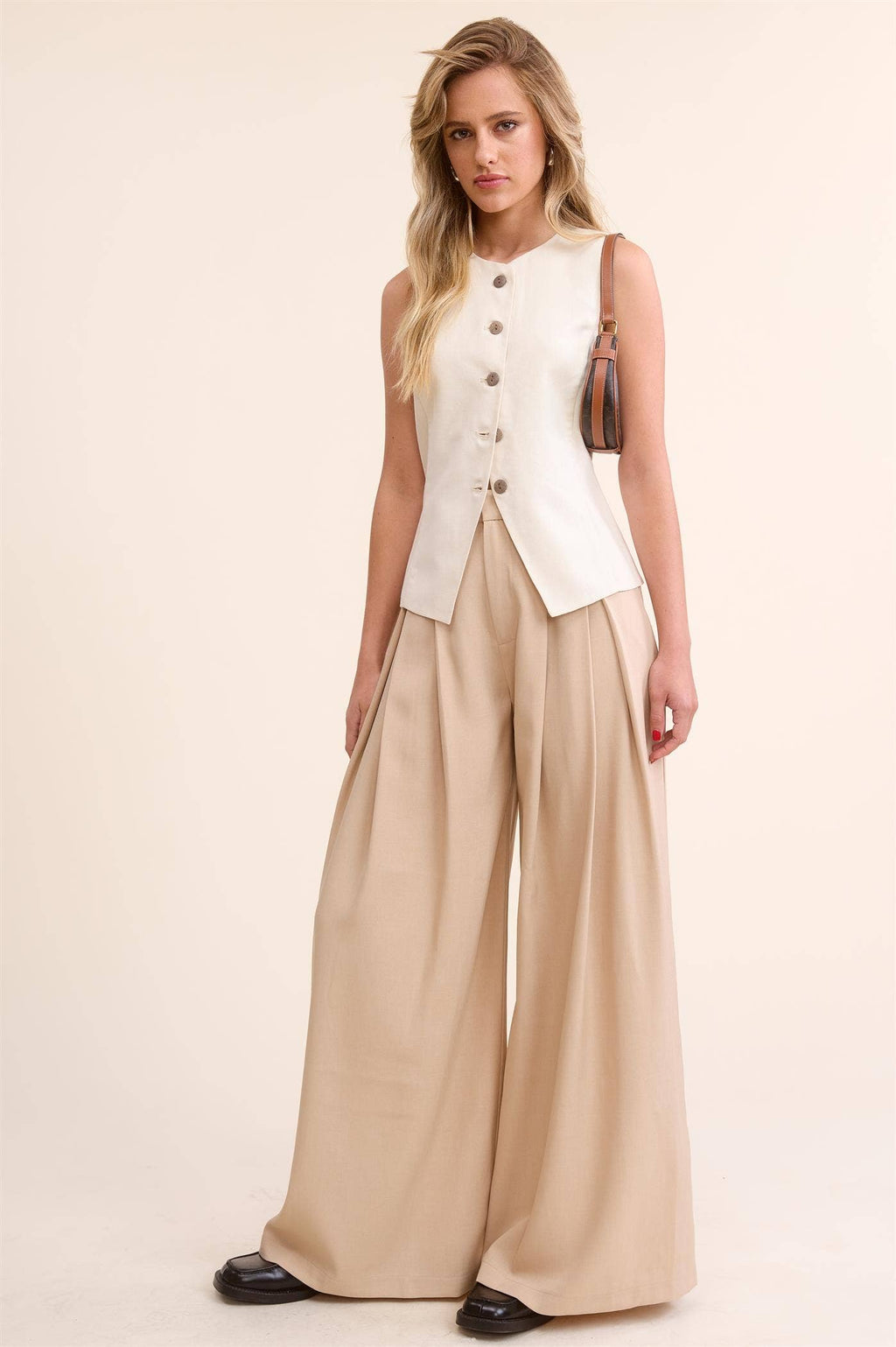 Trendy Low Waist  Wide Leg Pleated Trouser Pants