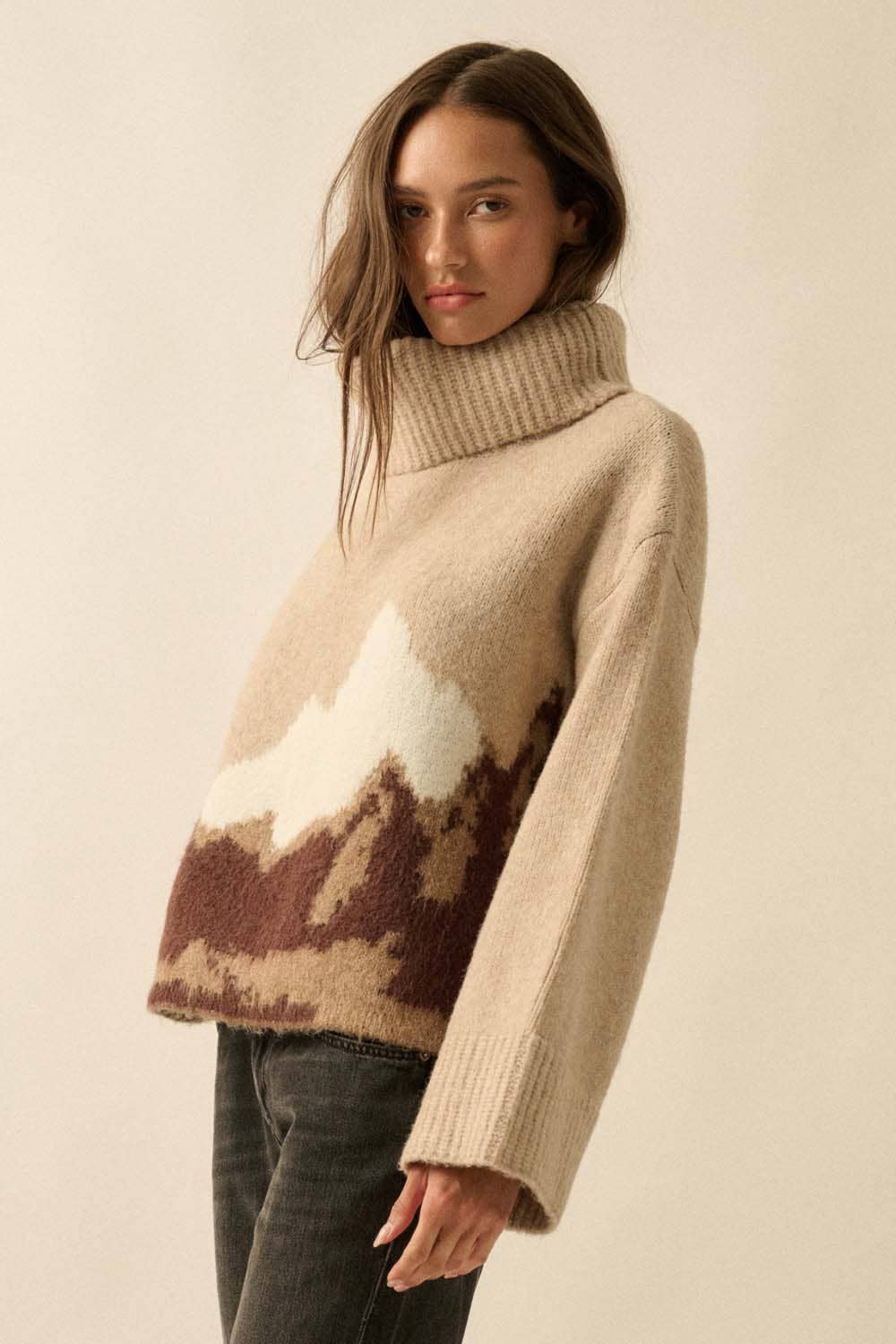 Mountains Fuzzy Jacquard-Knit Turtleneck Sweater