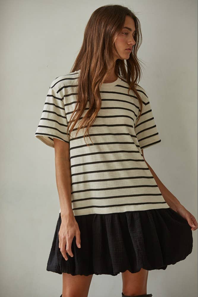 Knit Striped Crew Short Sleeve Mini Bubble Dress