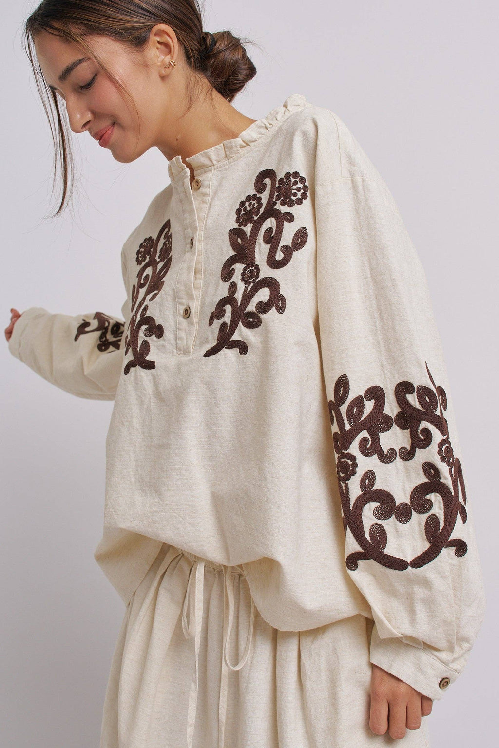 Embroidered Cotton Linen Blouse With Ruffle Collar