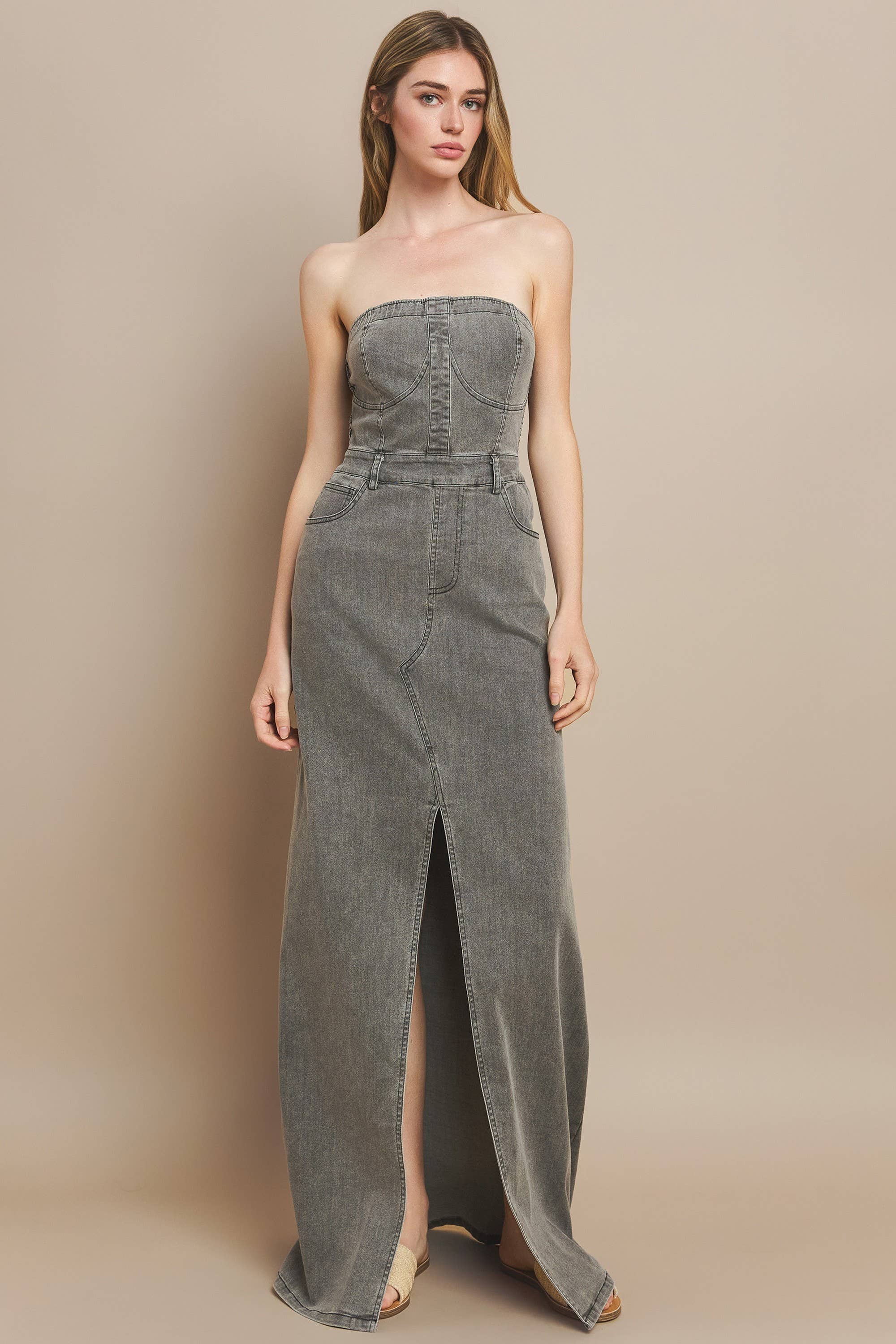 STRAPLESS DENIM MAXI