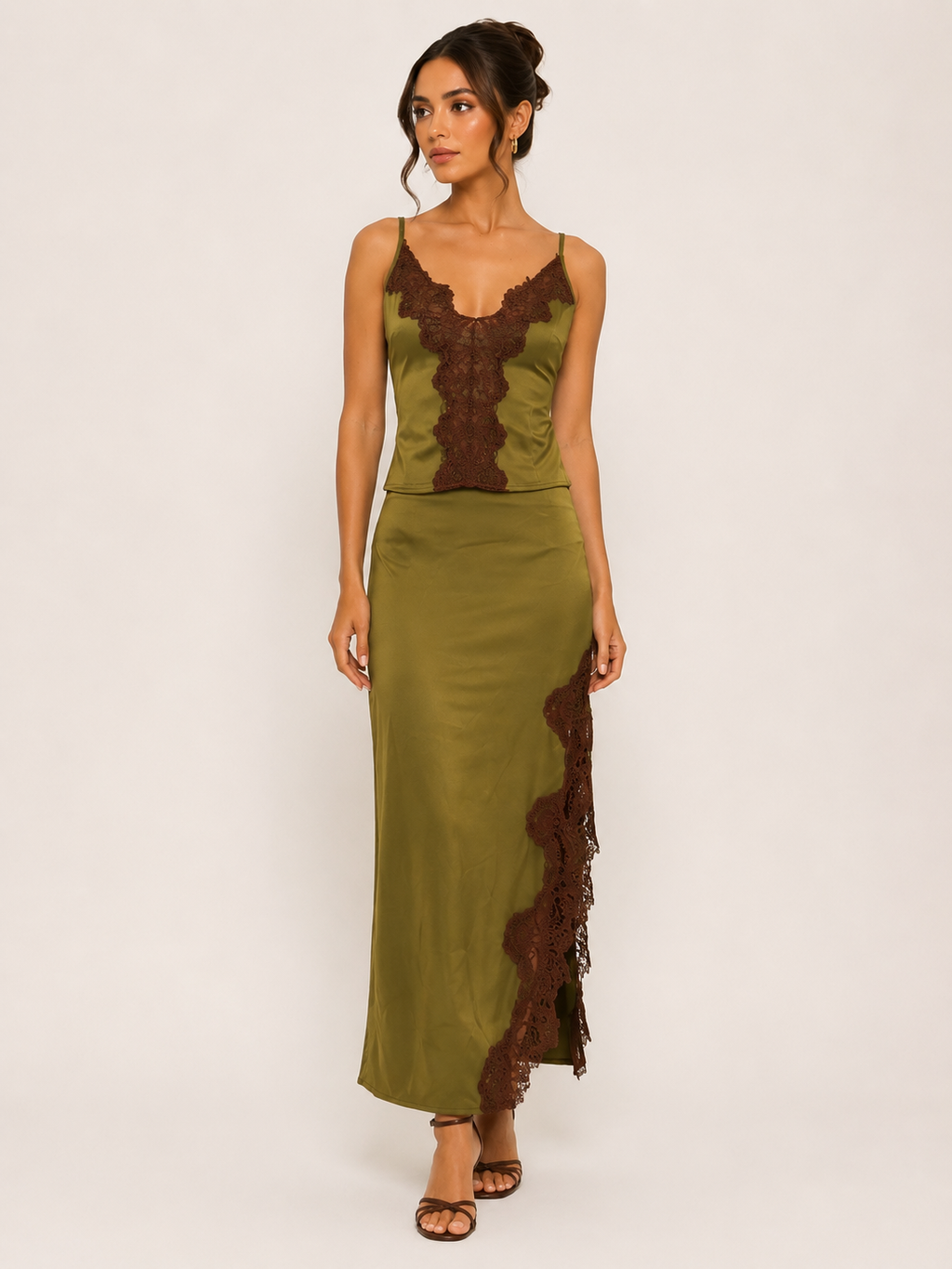 OLIVE LACE TRIM SATIN TOP - TI7512FO