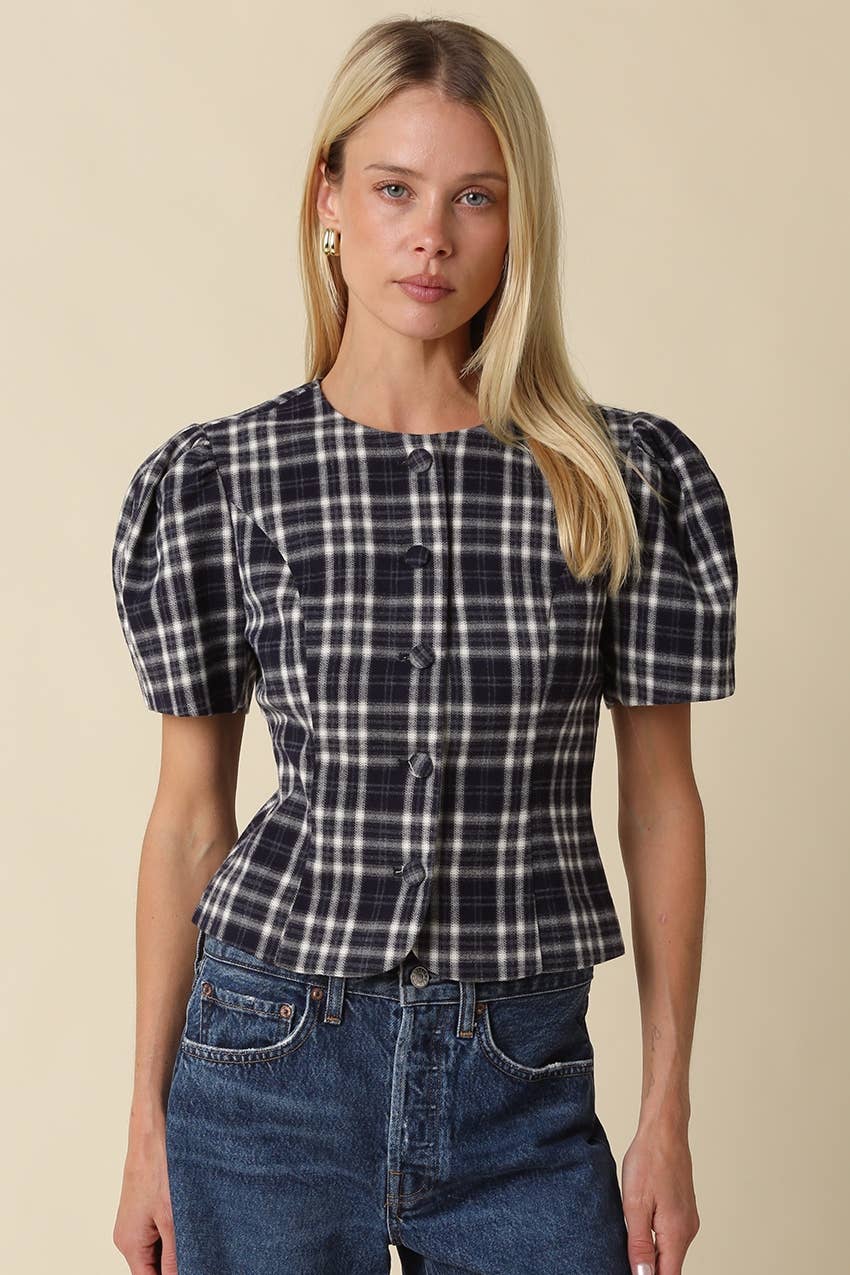 Claudia Plaid Puff Sleeve Blouse