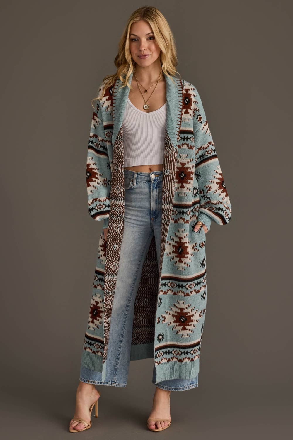 Lt. Blue, Rust, White & Black Western Cardigan