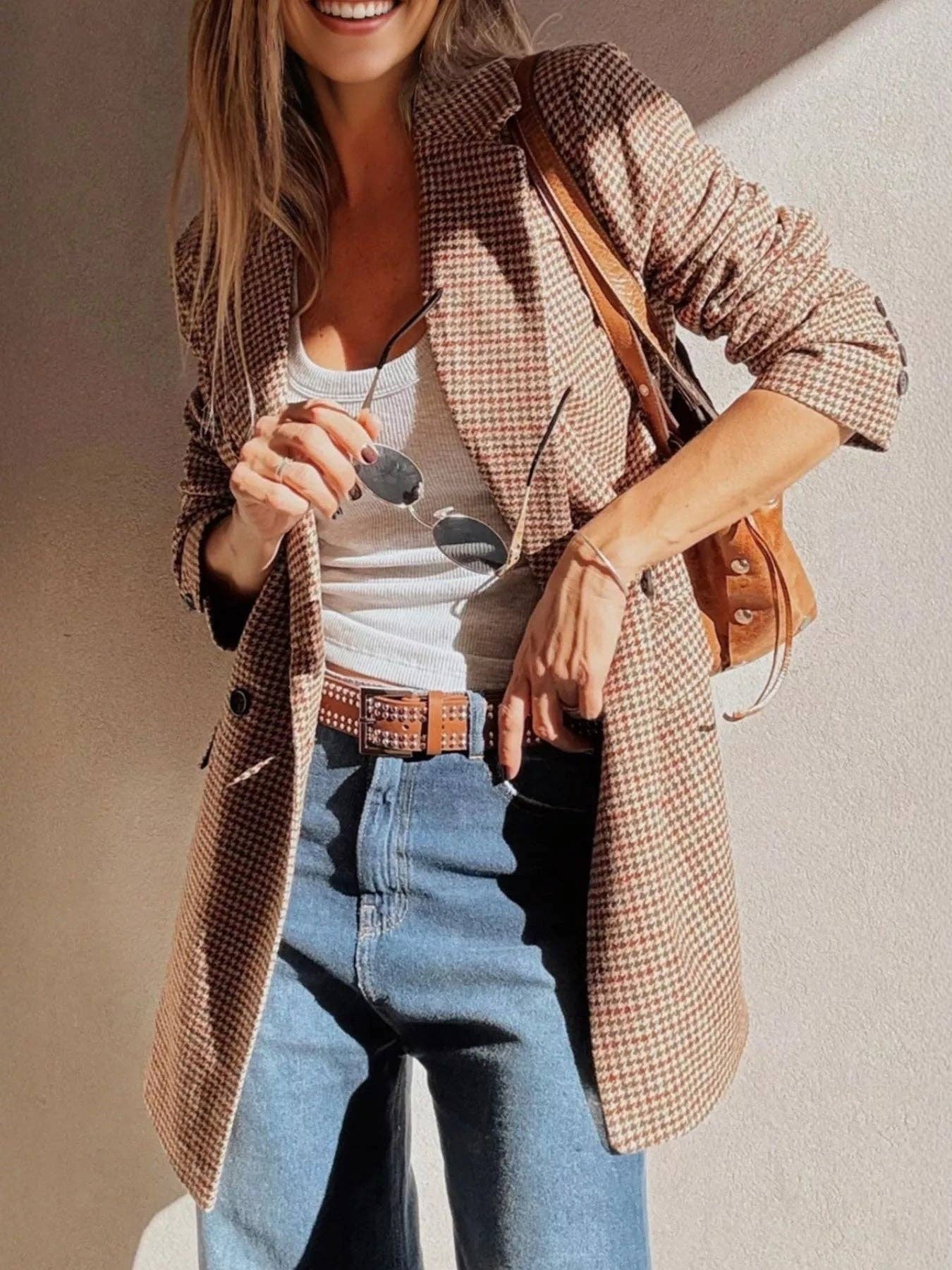 Houndstooth Lapel Collar Blazer