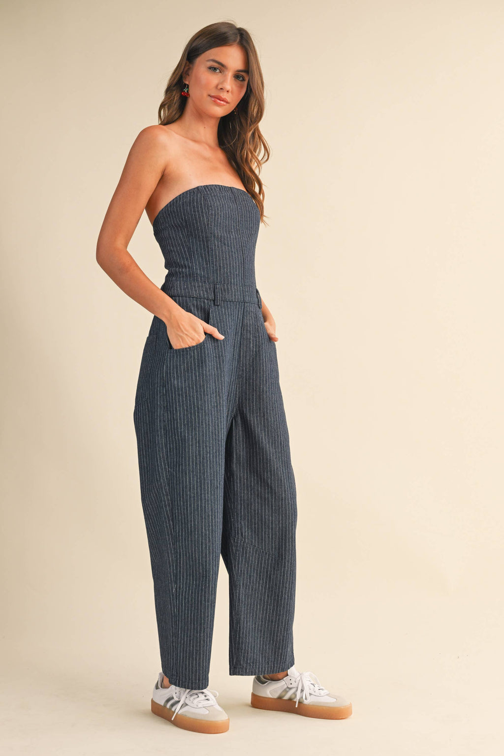 Pinstriped Strapless Barrel Pants Jumpsuit