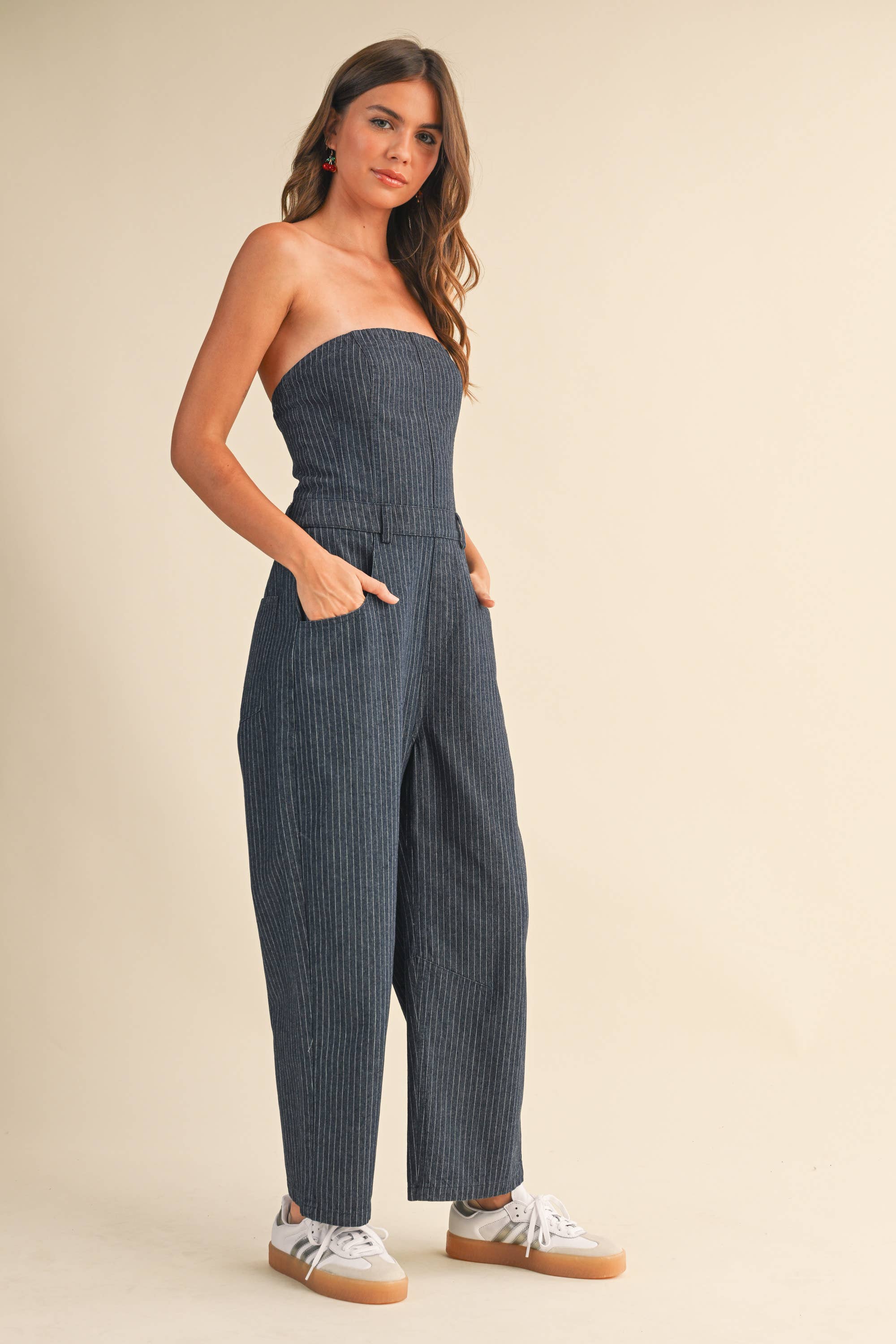 Pinstriped Strapless Barrel Pants Jumpsuit
