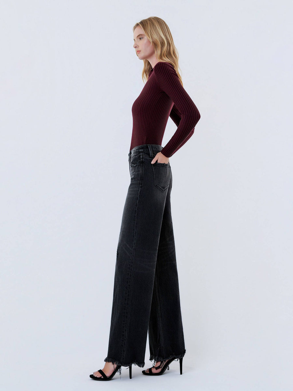 MID RISE DISTRESSED HEM BLACK WIDE LEG  JEANS