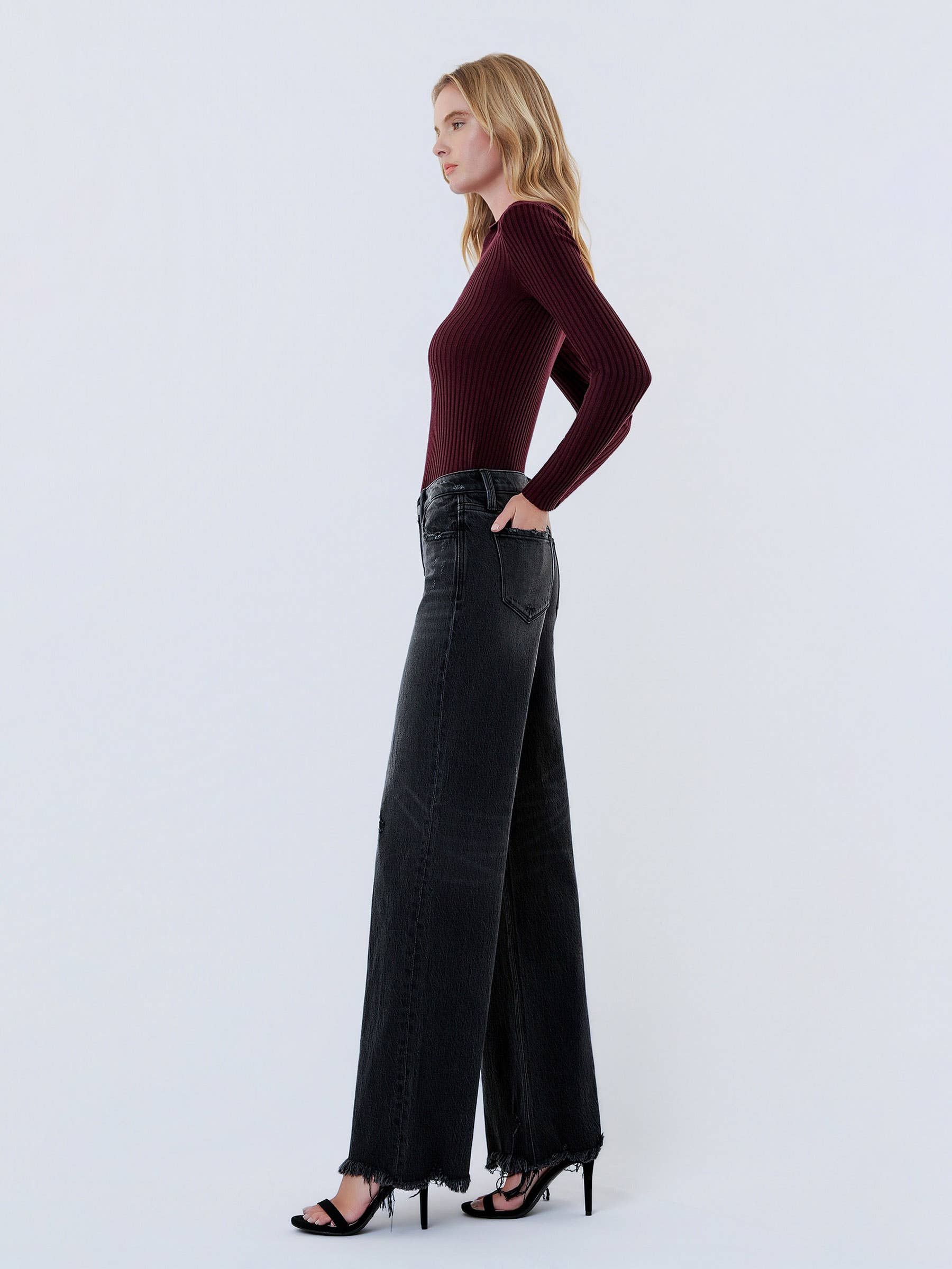 MID RISE DISTRESSED HEM BLACK WIDE LEG  JEANS