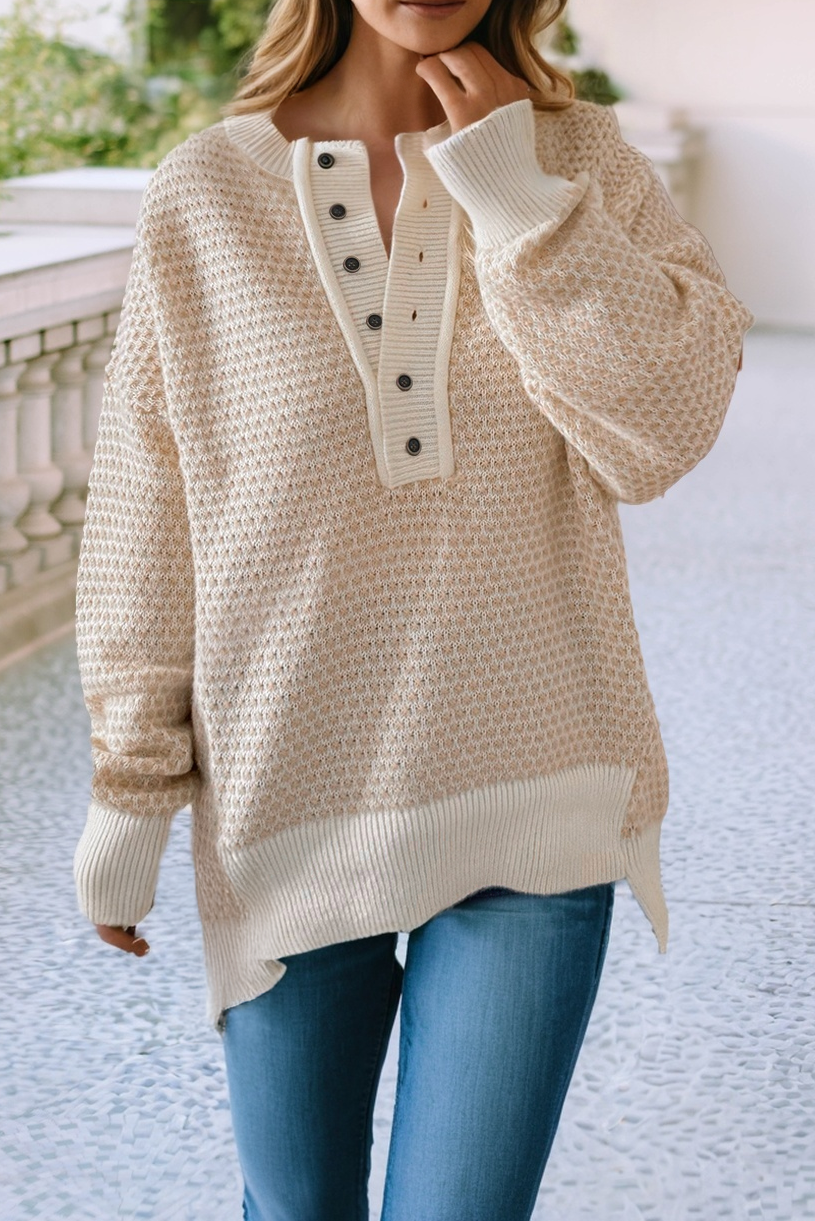 Ribbed Detail Henley Button Drop Shoulder Sweater