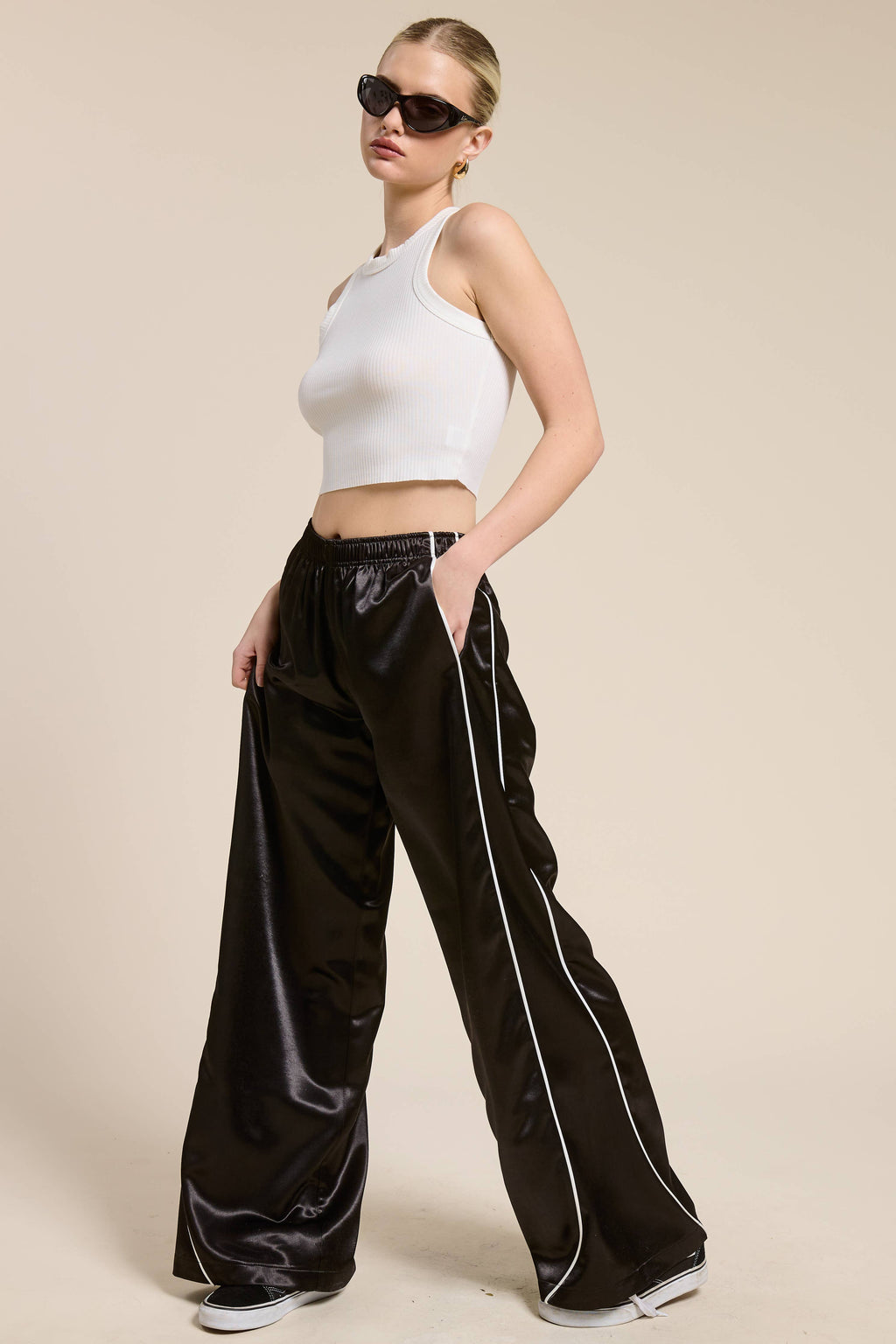 Satin Stripe Wide Leg Track Pants