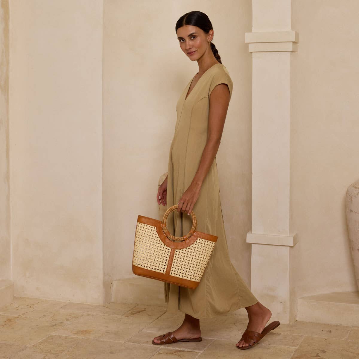Brown Leather Large Square Cane Weave Tote Rattan Handle