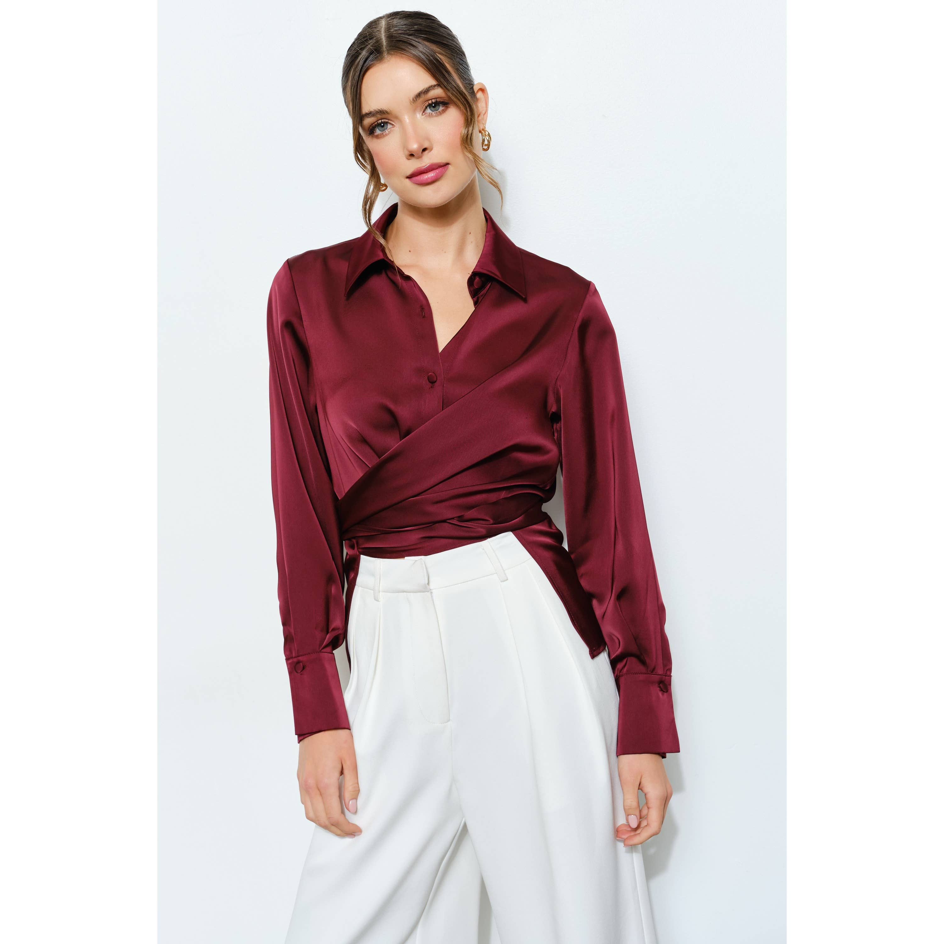 Long Sleeve Satin Wrap Waist Blouse