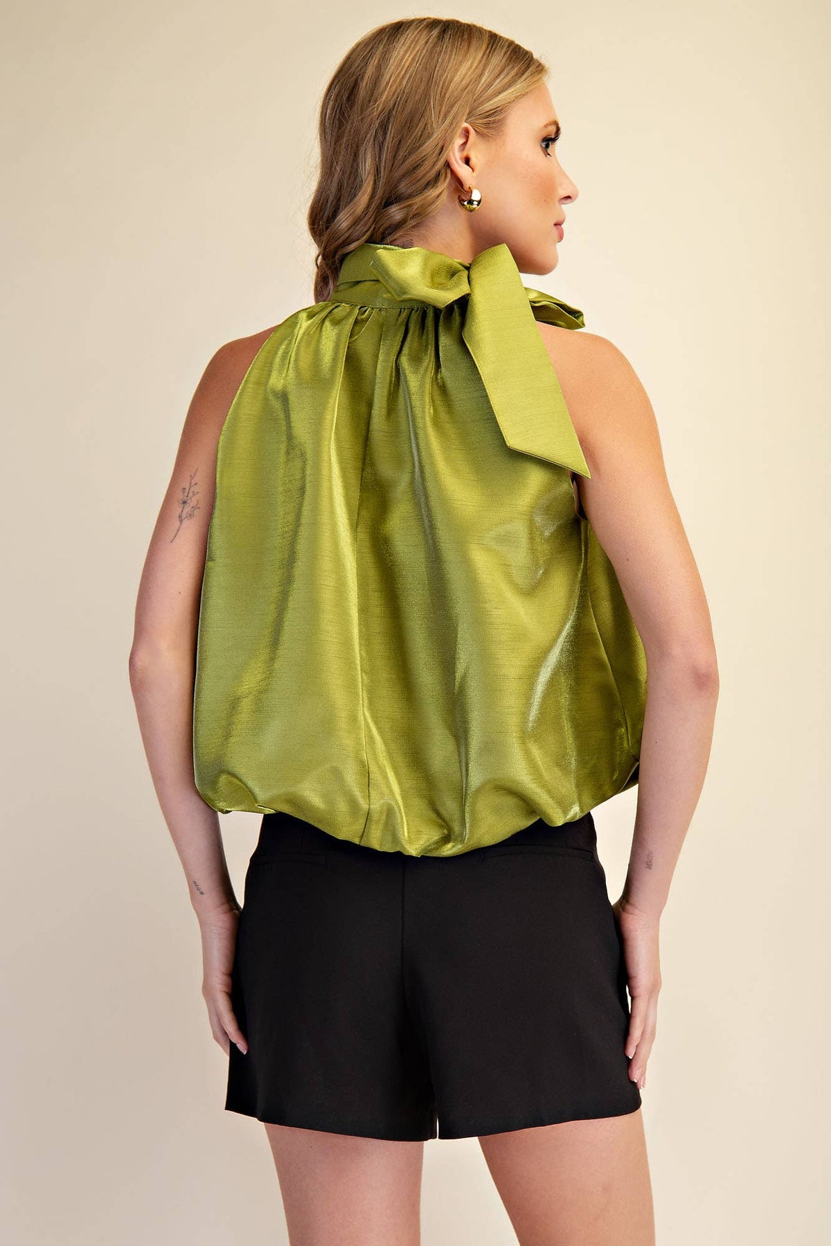 High Neck Tie Wrap Balloon Sleeveless Top