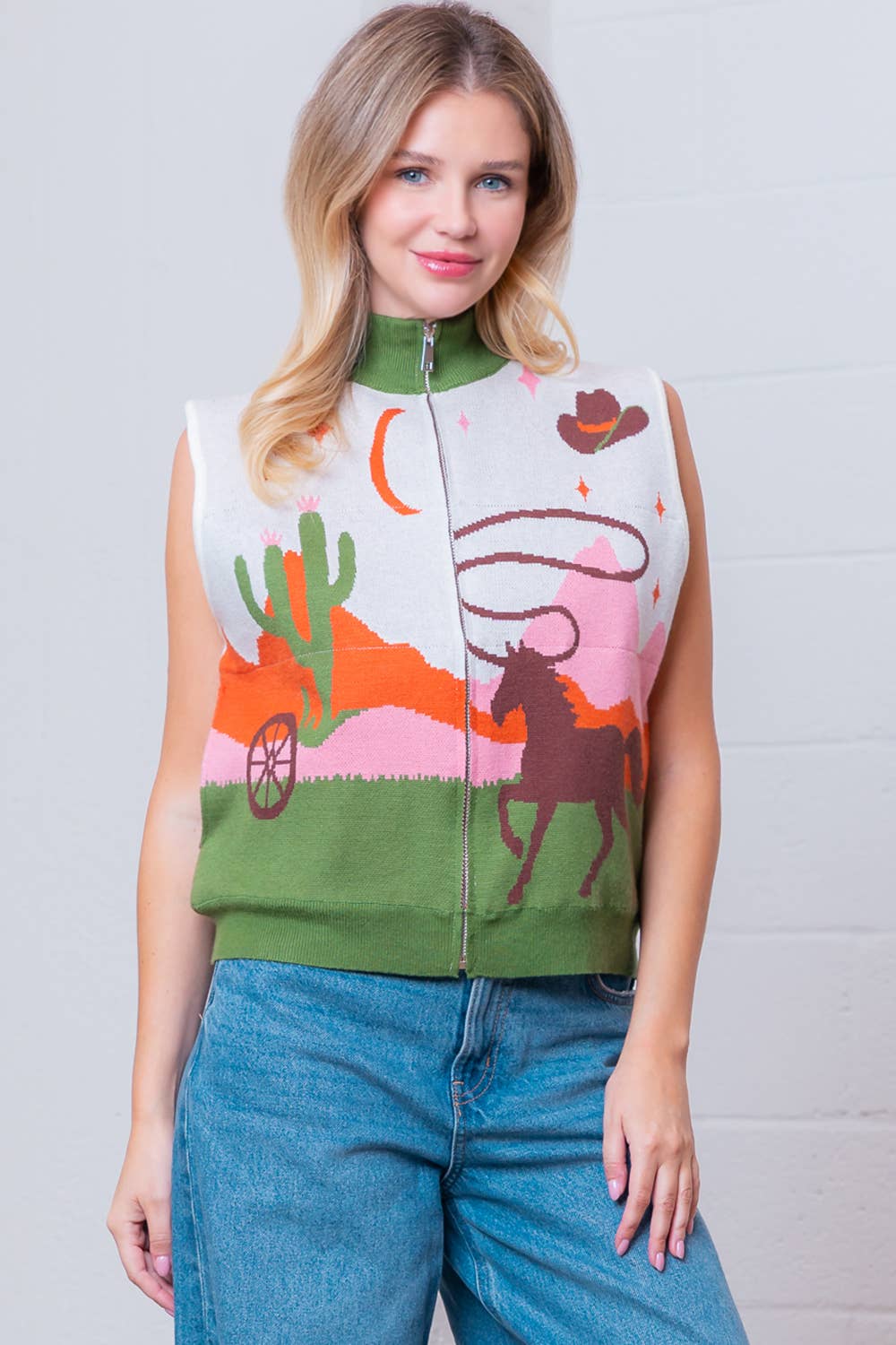 HIGH-NECK WESTERN MOTIVE SWEATER VEST