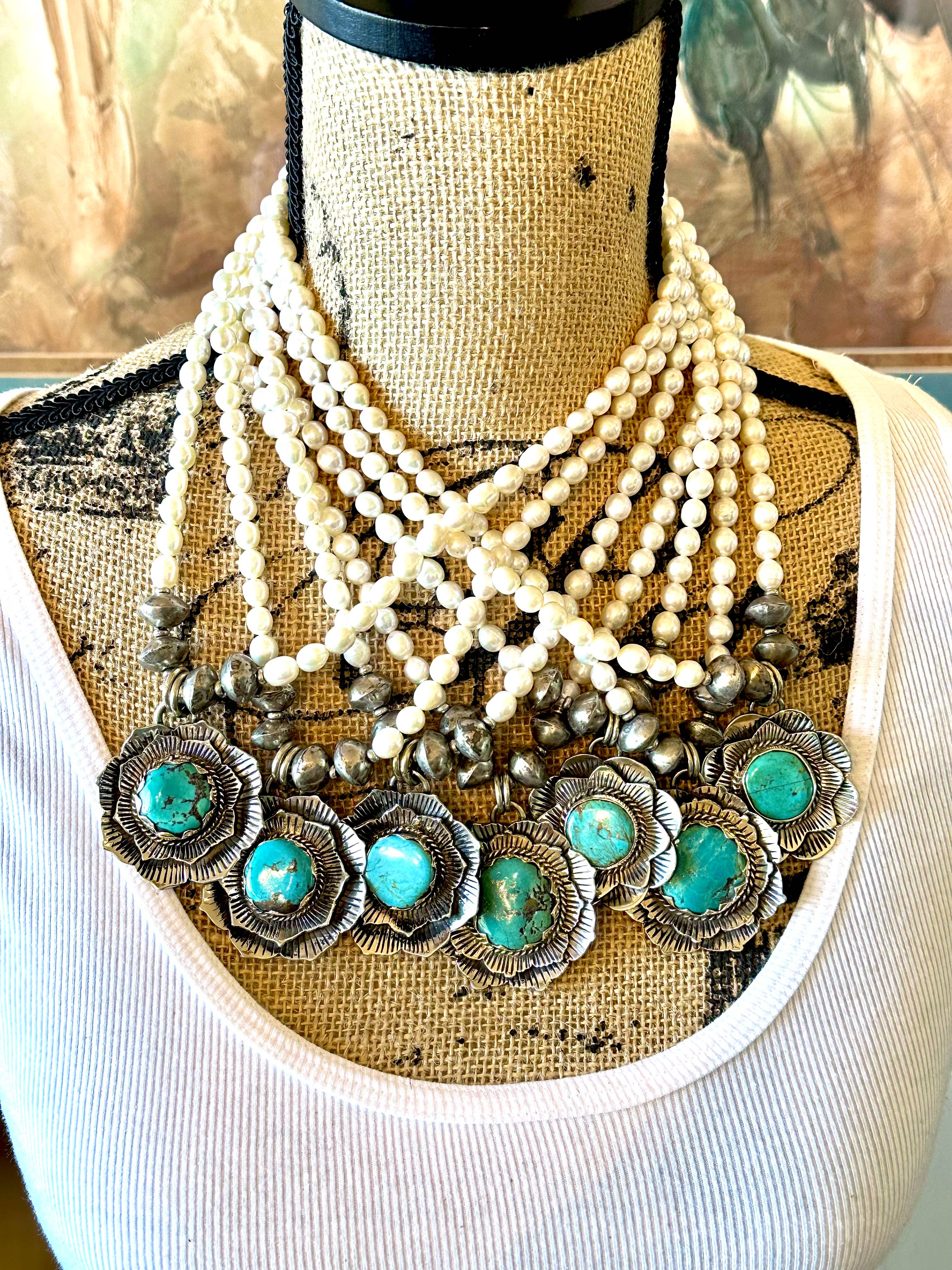 Turquoise and Pearl Blossom Necklace