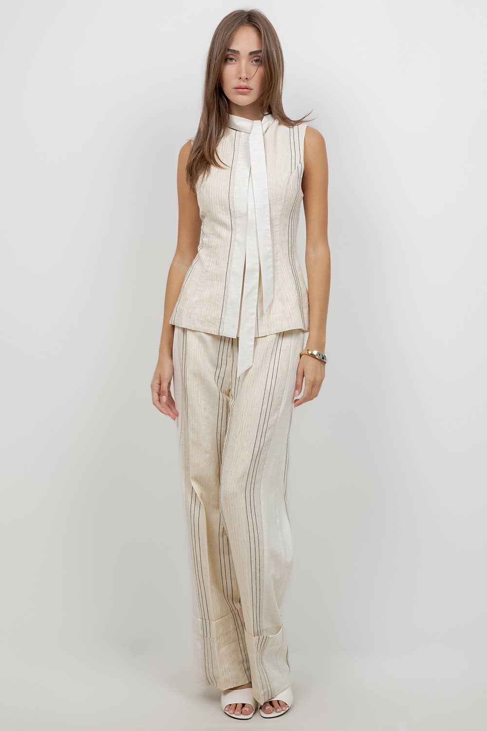 LINEN PINSTRIPE TROUSERS WITH BOTTOM CUFF