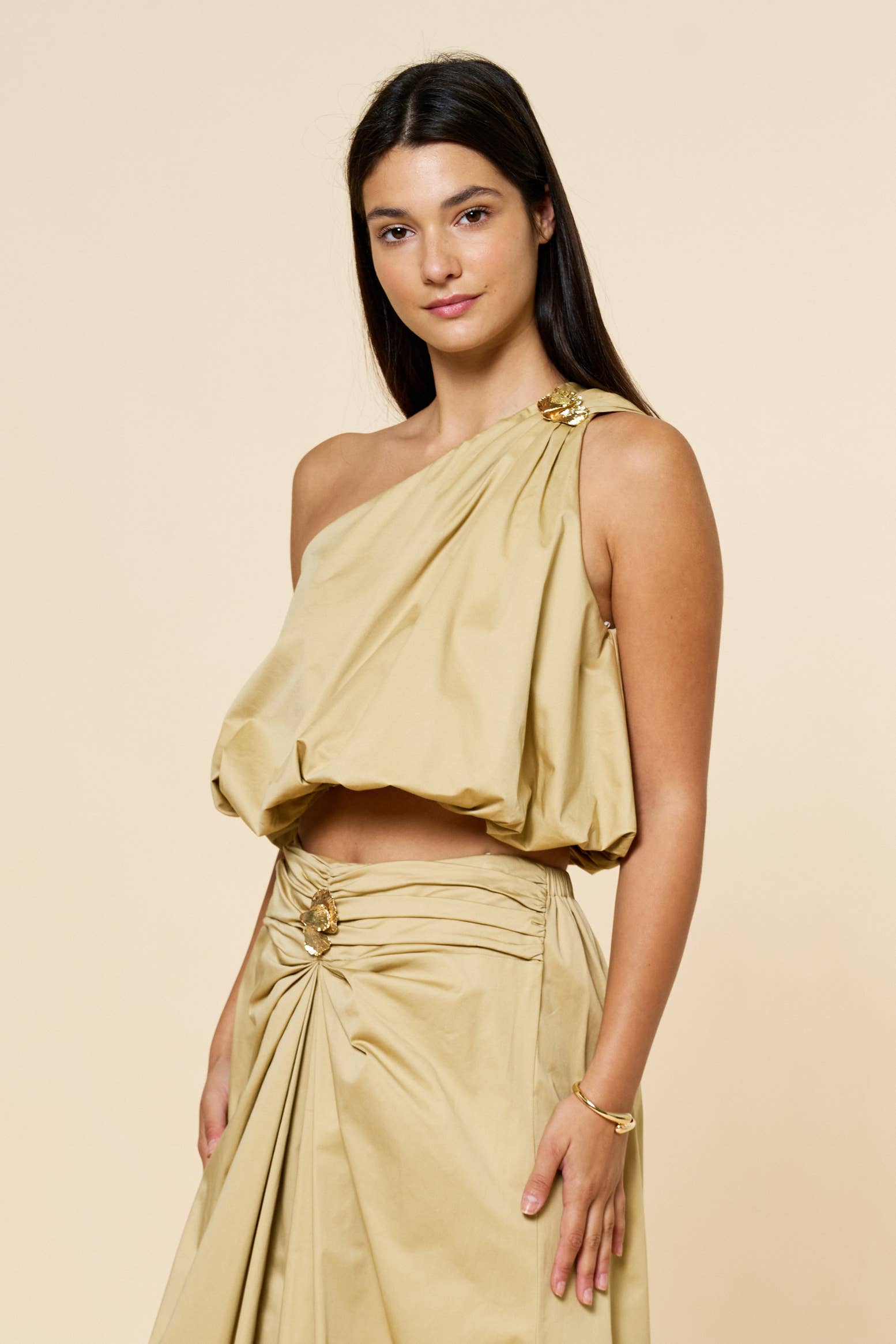 One Shoulder Bubble Top & skirt W/Gold Leaf Detail