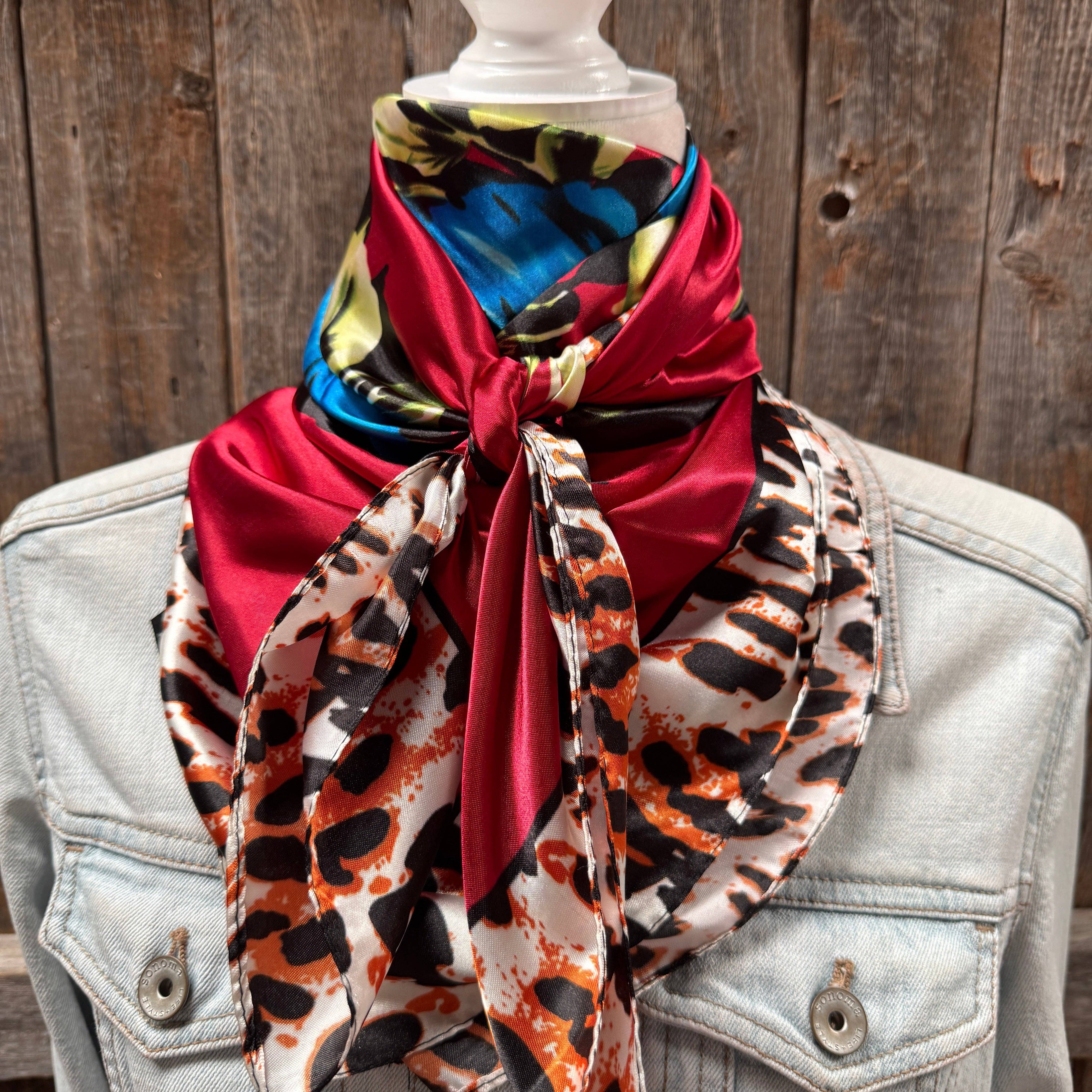 35X35"  Red Floral Leopard Print Wild Rag / Scarf WR702X