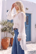 RUFFLED BLOUSE WITH MOCK NECK AND LONG ASYMMETRICAL SIDES