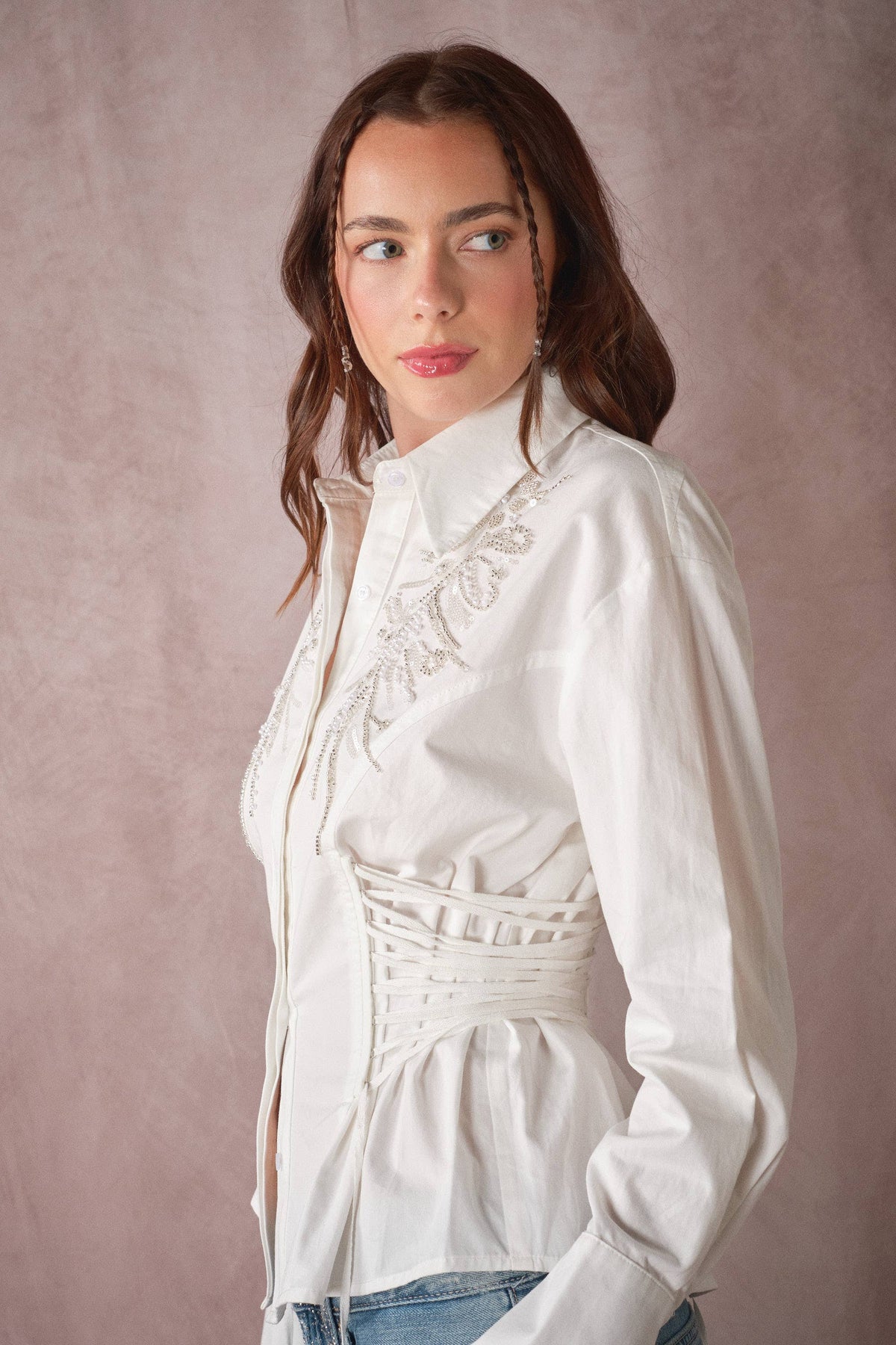 Beaded Embroidery Waist Tie Shirt
