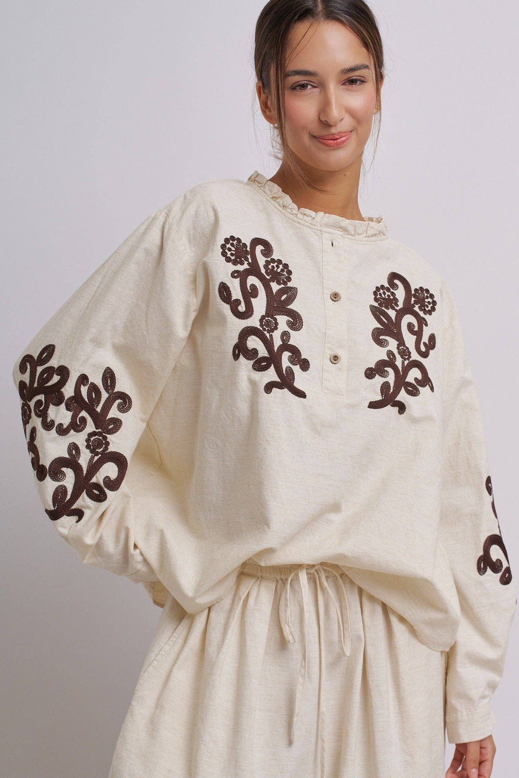 Embroidered Cotton Linen Blouse With Ruffle Collar