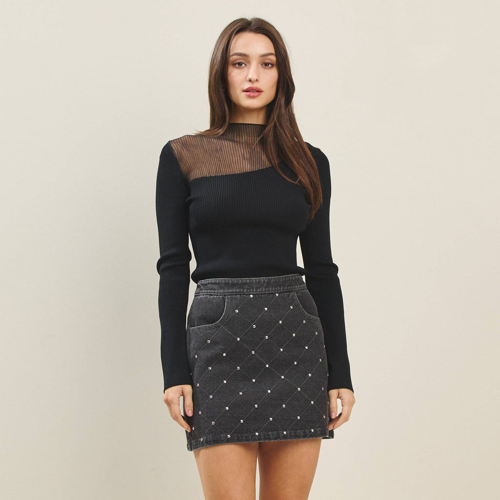 Stone embellished denim skirt