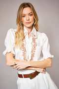 Embroidered Scallop Collar Puff Sleeve Top