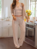 Button Up Long Sleeve Top 3 Pcs Pants Lounge Set