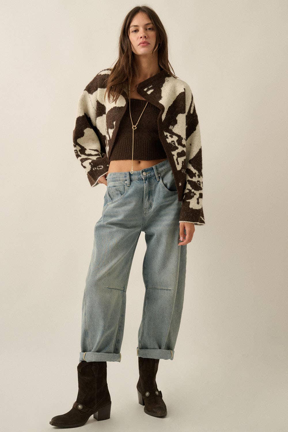Abstract Jacquard-Knit High-Collar Offset Sweater Jacket