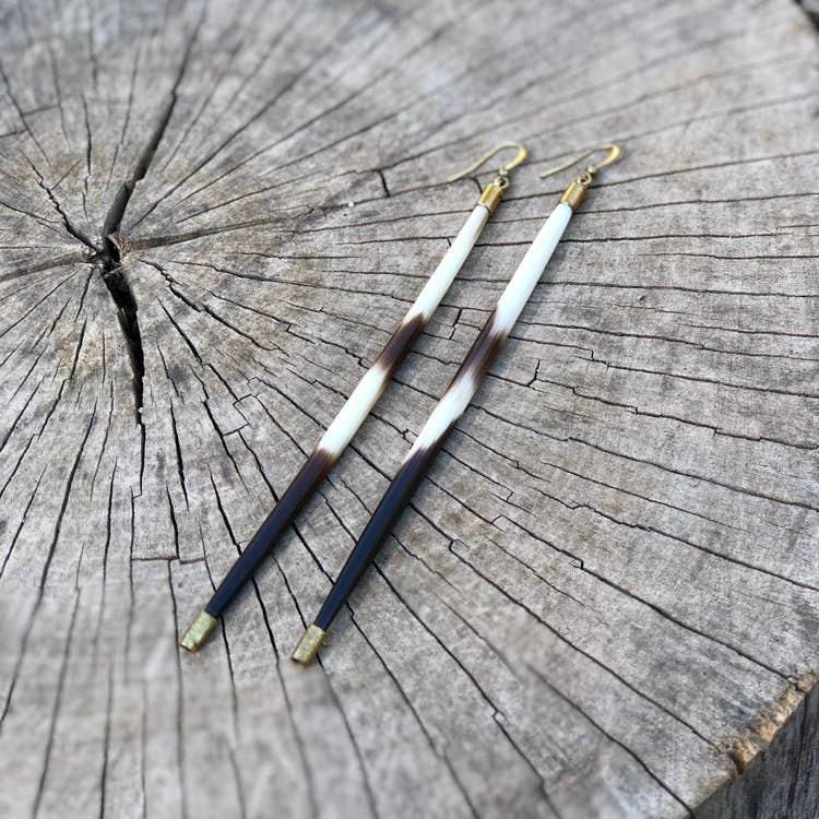 Porcupine Quill Earrings - Long, Black/Brown & Ivory, Brass