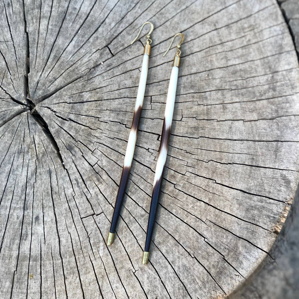 Porcupine Quill Earrings - Long, Black/Brown & Ivory, Brass