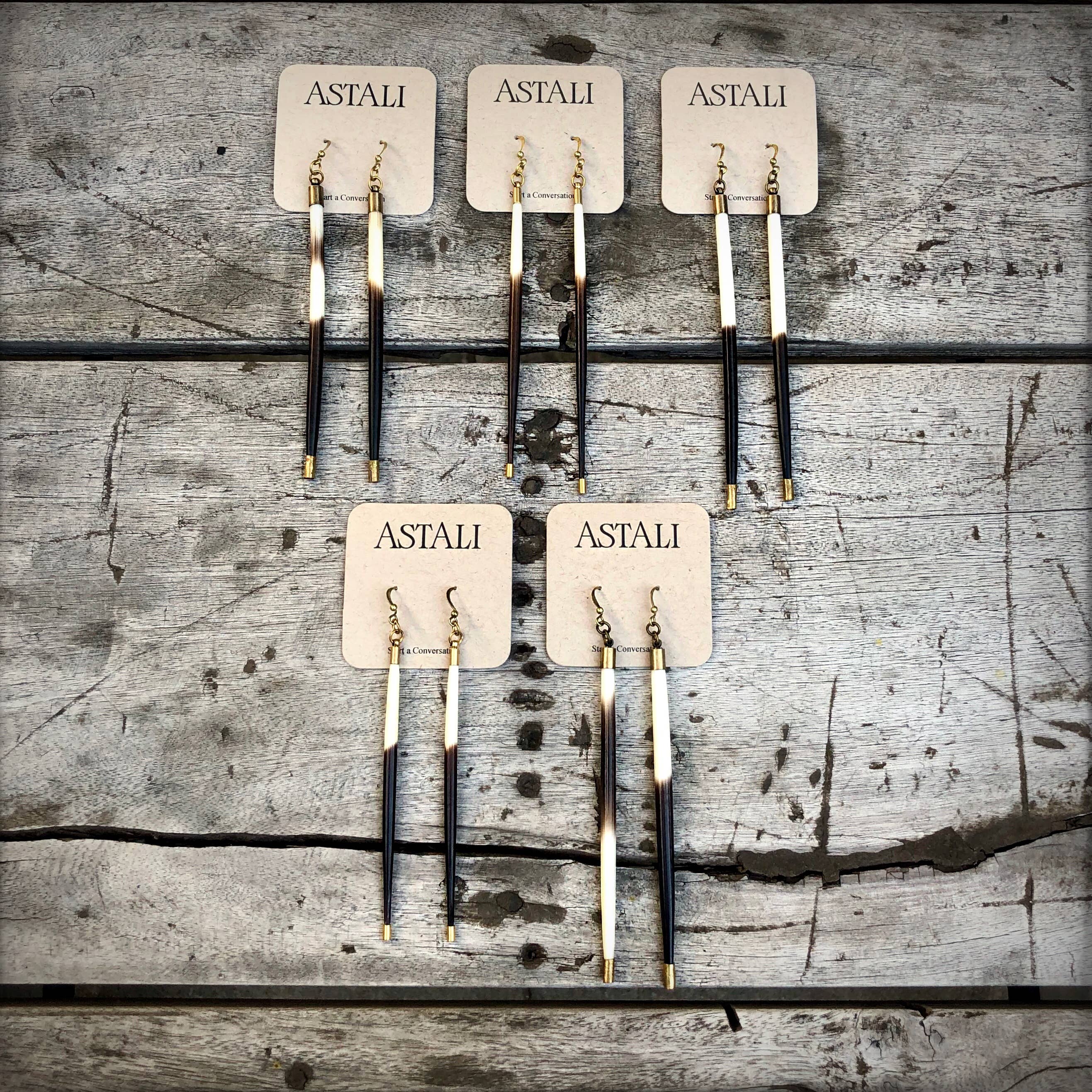 Porcupine Quill Earrings - Long, Black/Brown & Ivory, Brass