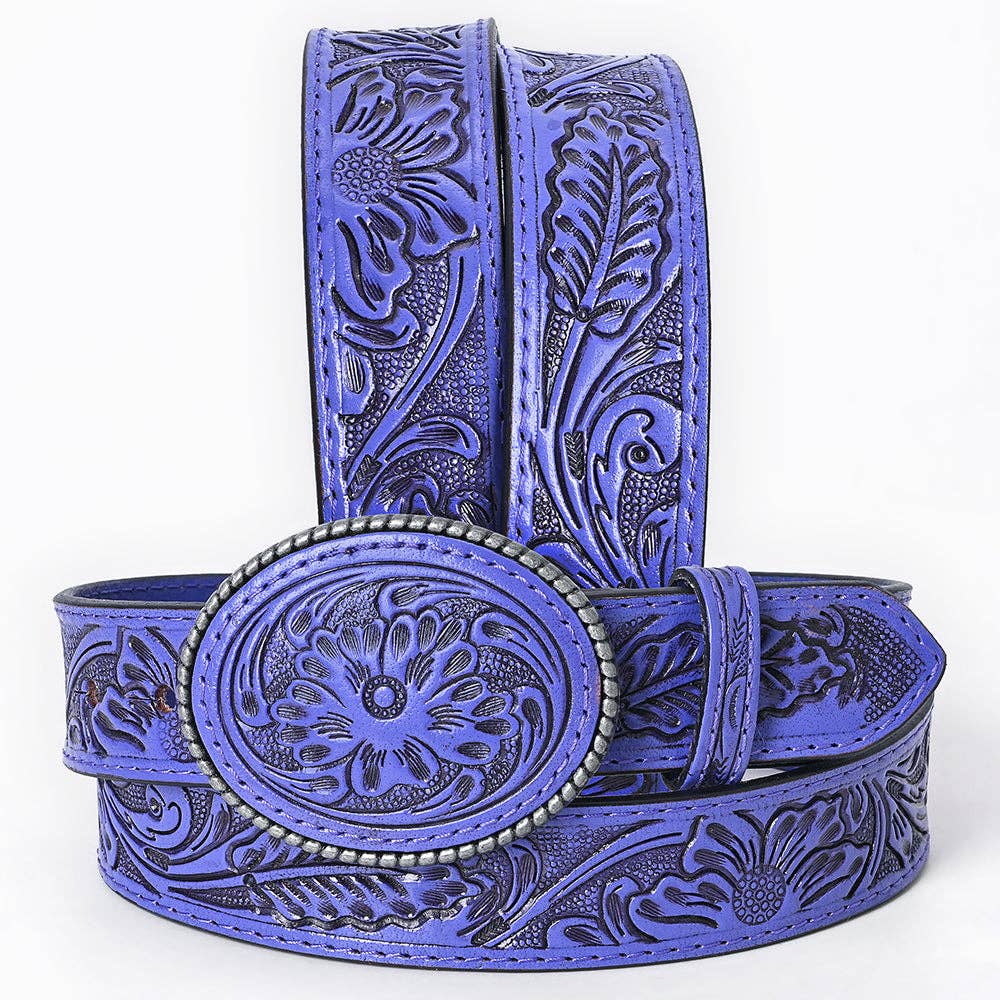 Game Day Hand-Tooled Purple Floral Leather Belt & Buckle
