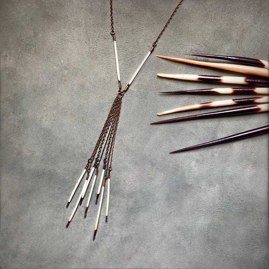 Porcupine Quill Fringe Necklace, Black/Brown & Ivory/White