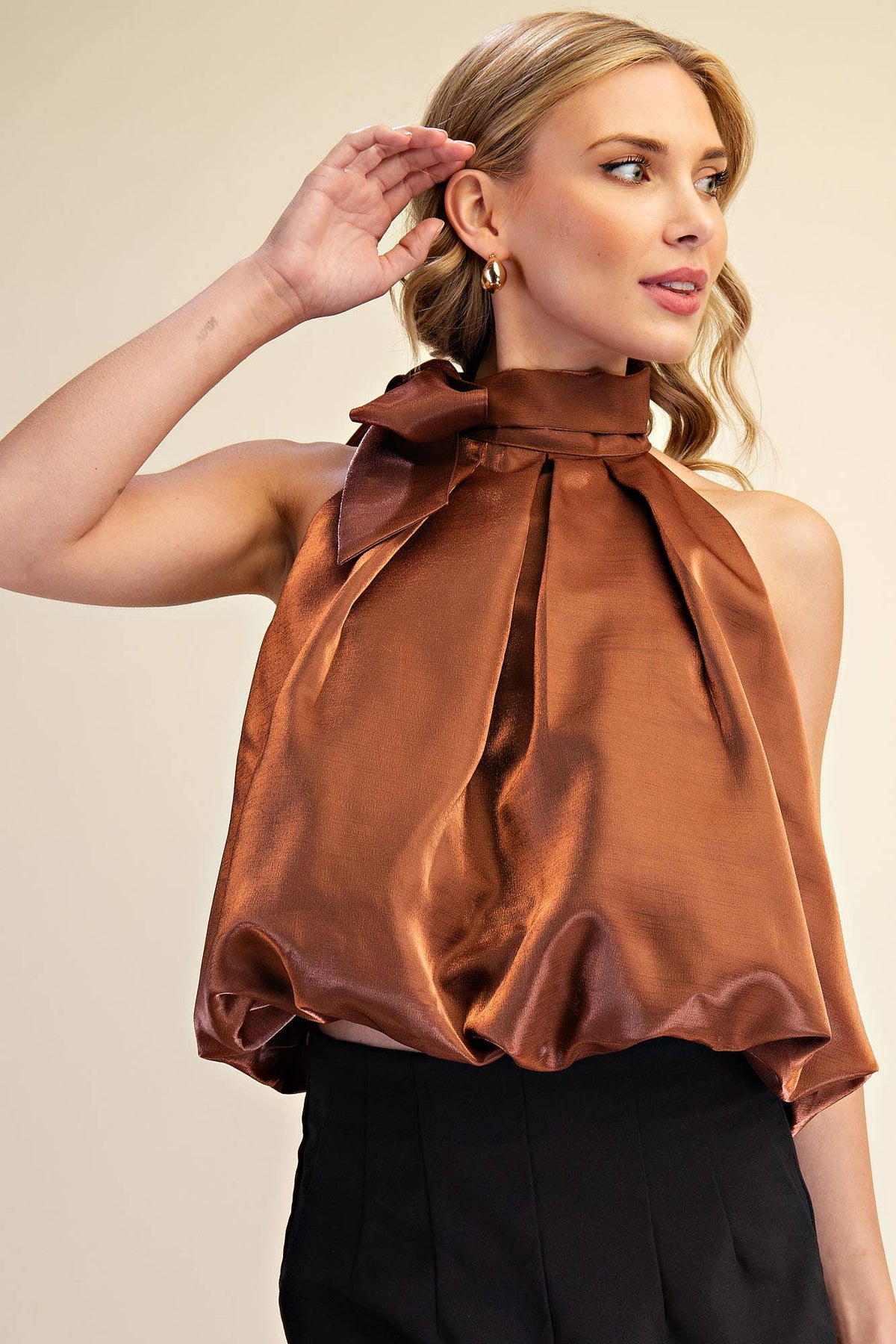 High Neck Tie Wrap Balloon Sleeveless Top