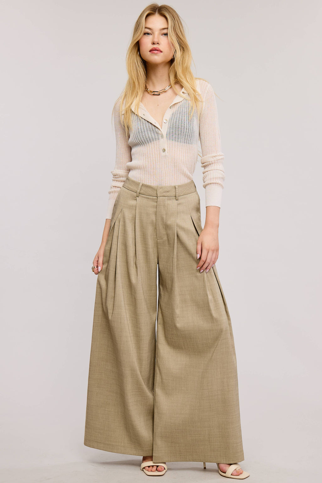Trendy Low Waist  Wide Leg Pleated Trouser Pants