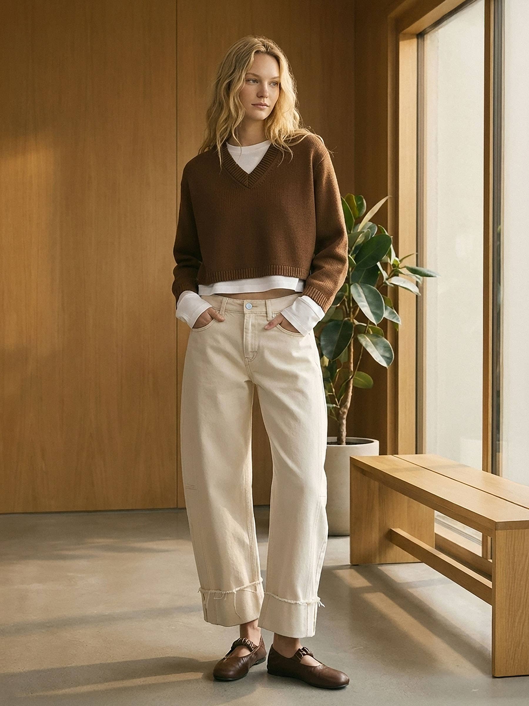 SIDE PANEL CROP CUFFED BARREL JEANS