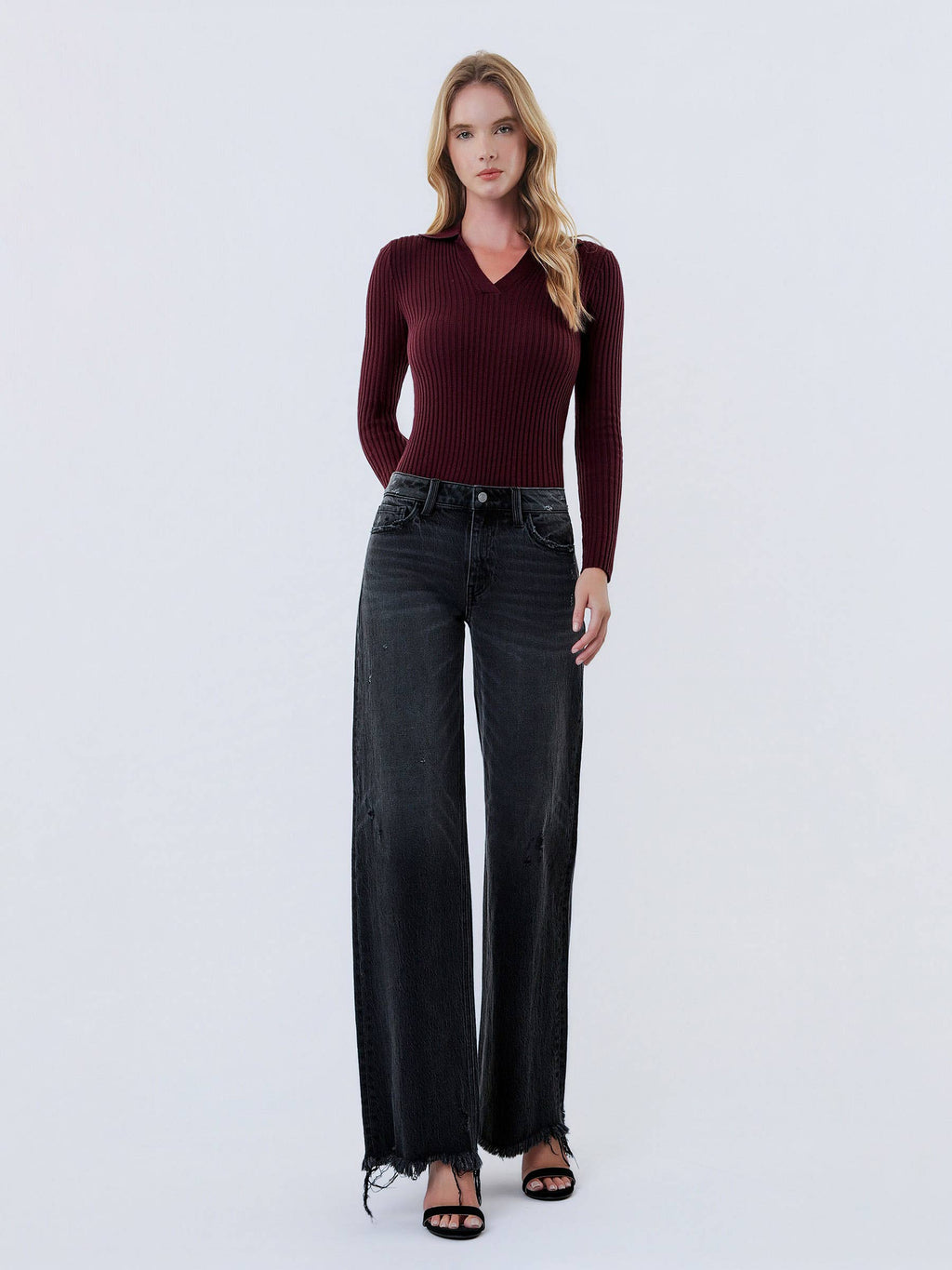 MID RISE DISTRESSED HEM BLACK WIDE LEG  JEANS