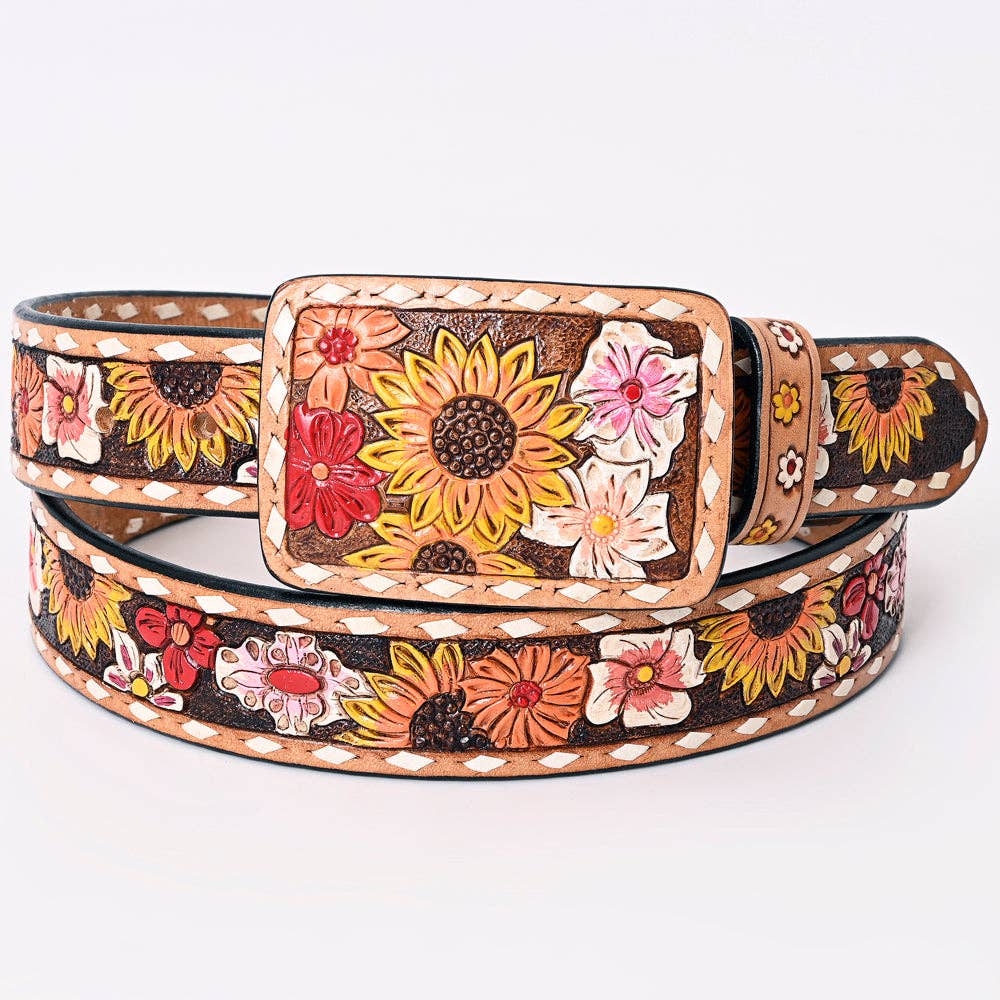Colorful Handtooled Leather Belt - Wildflower Garden