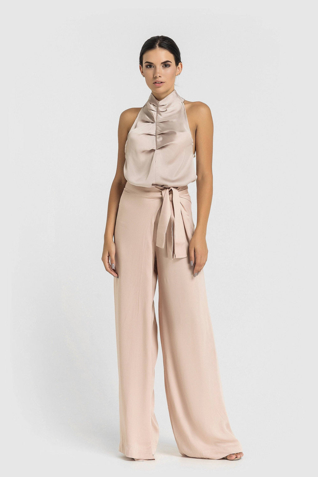 Halter high neck draped satin top