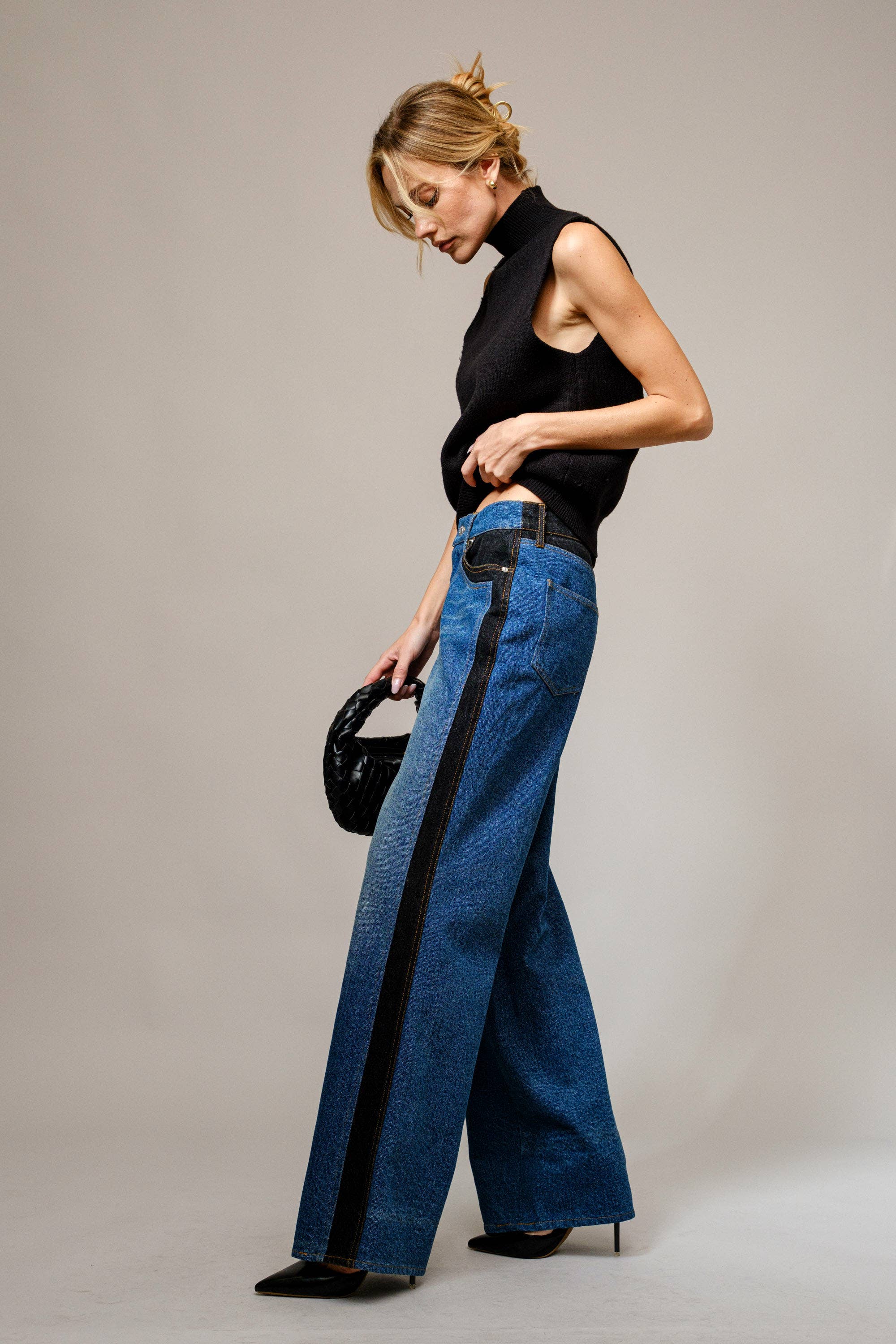 Two Tone Panel Wide Denim Jeans